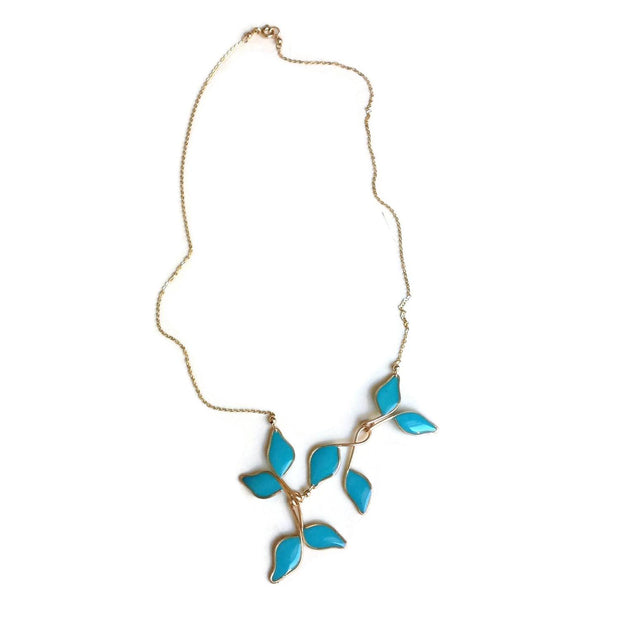 Anthos Leaf Necklace by Carla De La Cruz Jewelry | Turquoise Blue Gold Leaf Necklace | Turquoise Blue Statement Necklace | Floral Necklace | Blue and Gold Necklace