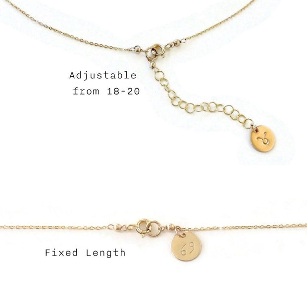 Text reads: “Adjustable from 18-20” and “Fixed Length” with a close up image of two gold filled chains. One chain has an extender added and ring clasp, the other has just a ring clasp. 