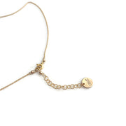 Cropped photo of a gold chain with an adjustable length attachment and CDLC jewelry tag on a white background.