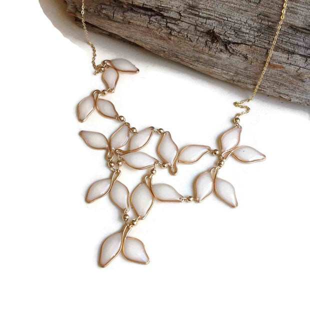 Anthos Leaf Bib Necklace Pearl White