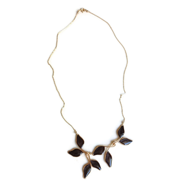 Pearl Gray Anthos Leaf Necklace by Carla De La Cruz Jewelry | Gold Leaf Necklace Pearl Gray | Floral Necklace | Pearl Gray Necklace | Statement Necklace | Bridal Necklace | Black and Gold
